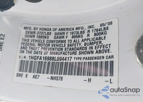 2008 Honda Civic Ex-L из США, поврежденный, VIN 1HGFA16988L094417